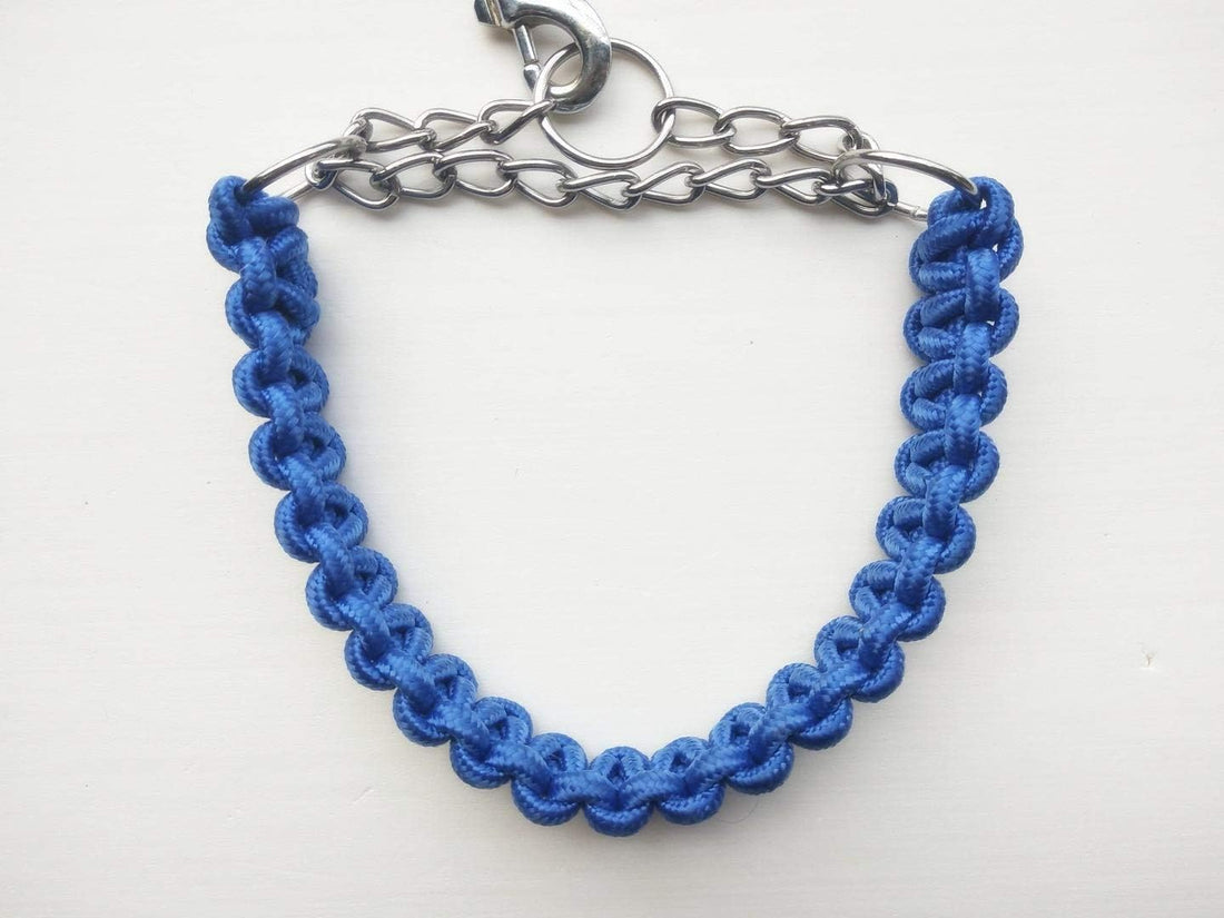 Braided Rope Martingale Dog Collar with Metal Chain, Blue, Medium, Training Control
