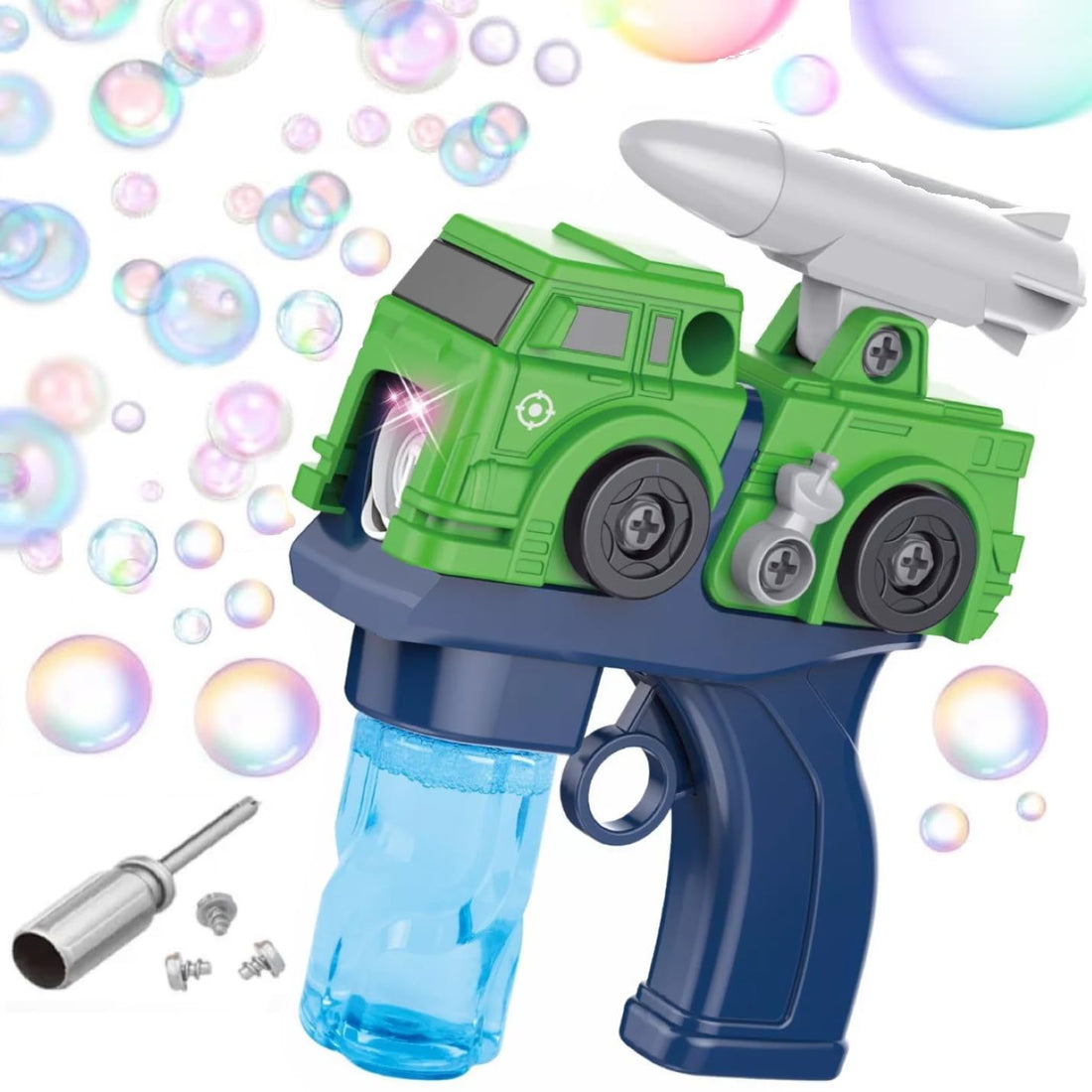 TOYS LAND DIY Bubble Machine Missile Truck Toy – 2-in-1 Assembling Bubble Blower with Music & Light, Includes 2 Bottles Refill Solution, Outdoor Summer Bubble Maker for Kids Ages 3+ (Missile Truck)