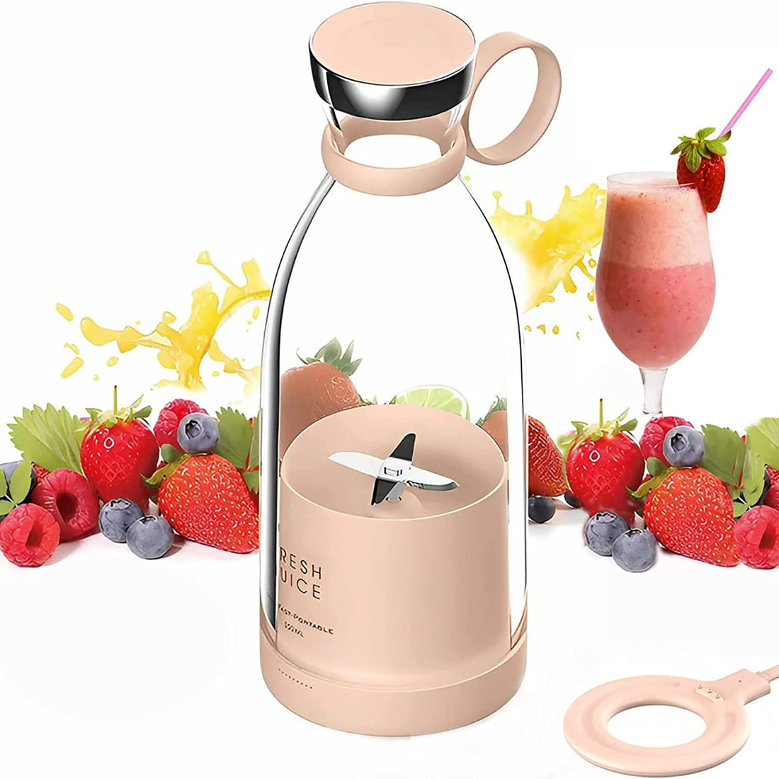Portable Fruit Cocktail Blender, Handheld Mixer, Wireless Fruit Blender with USB Rechargeable for Workouts, Camping and Gym, (Pink)