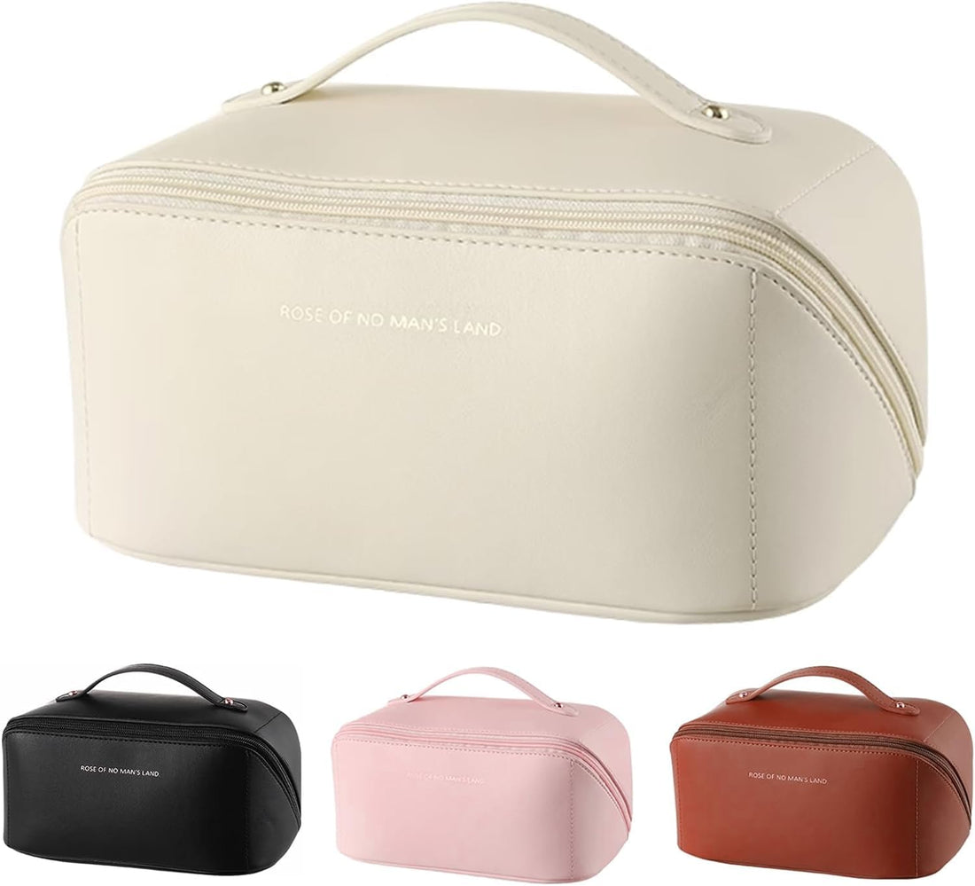 Monument Large Capacity Travel Cosmetic Bag for Women with Handle and Divider Makeup Bag Waterproof Portable Pouch Open Flat Toiletry Bag (Biege)