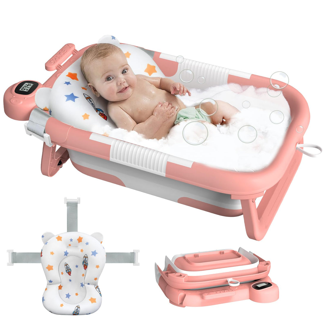 Space X Collapsible Baby Bathtub, Baby Bath Tub for Newborn to Toddler with Floating Cushion for Bath Support, Portable Baby Tub for Infants with Temp Monitor, 0-36 Months Baby Bath Essentials, Pink