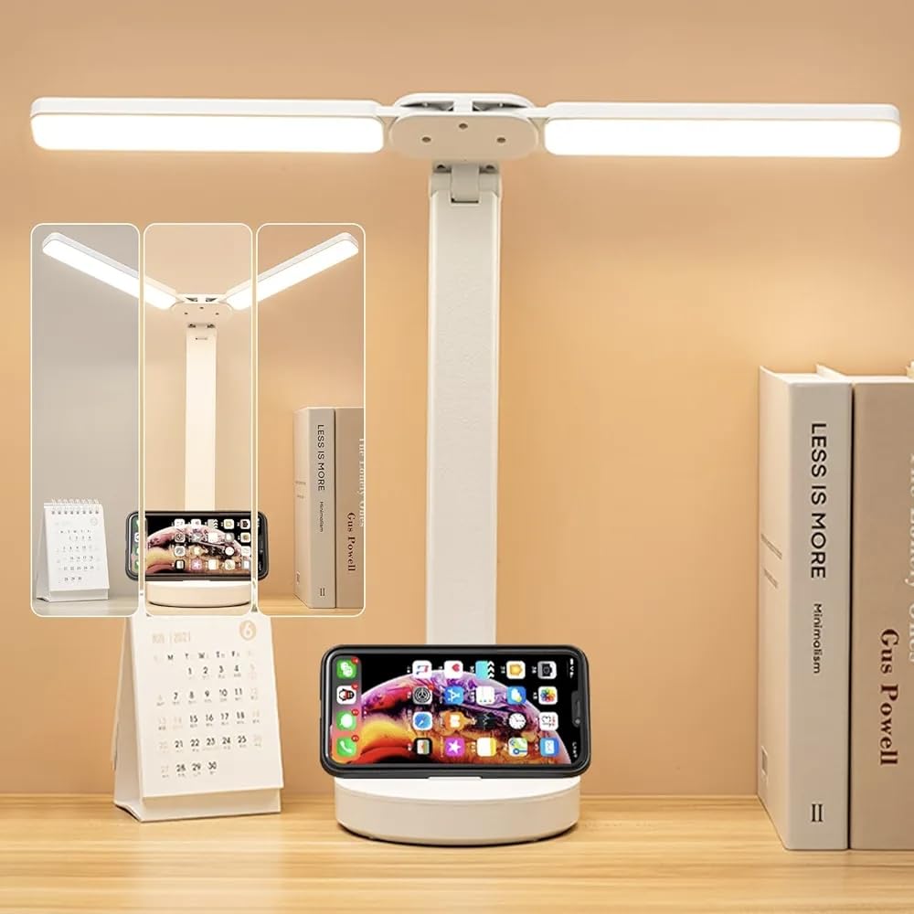 SouqKado LED Desk Lamp, Rechargeable, Eye-Caring, Touch Control with USB Charging Port, Bedside Table Lamp for Reading Study Kids Home Office (Double Head)