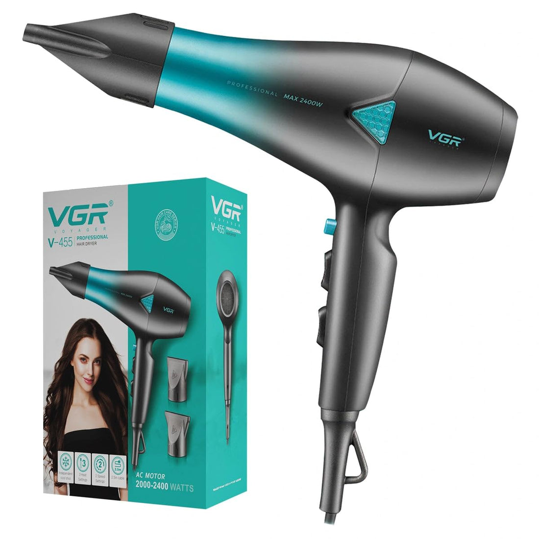VGR V-455 Professional Hair Dryer with 2400W AC Motor, 3 Heat Settings, 2 Speed Settings, Cool Shot Button, Black and Blue, Dual Concentrator Nozzles