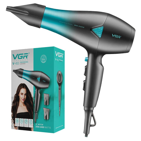 VGR V-455 Professional Hair Dryer with 2400W AC Motor, 3 Heat Settings, 2 Speed Settings, Cool Shot Button, Black and Blue, Dual Concentrator Nozzles