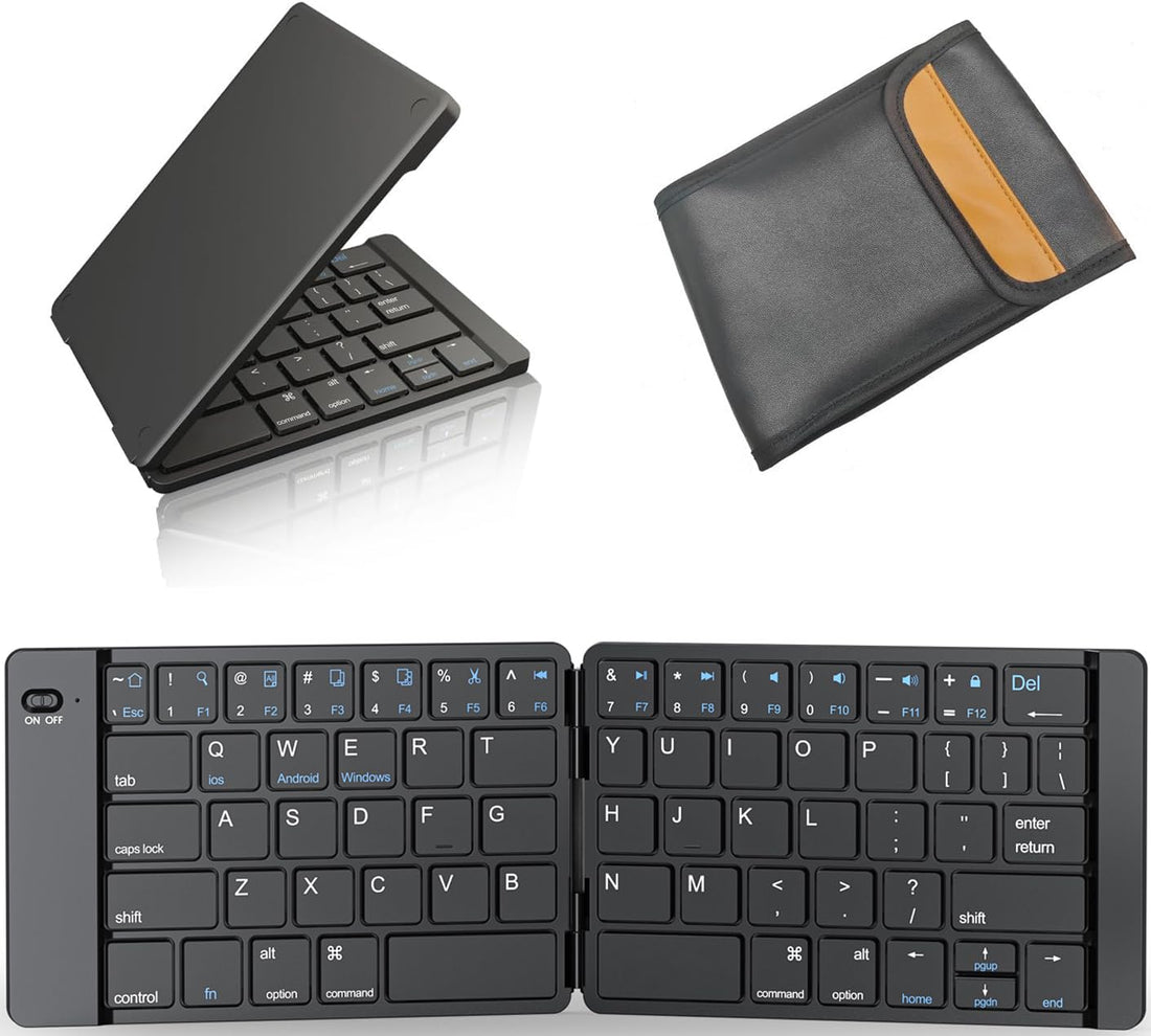 Foldable Bluetooth Keyboard - Portable Keyboard with Storage Bag, Rechargeable Full Size Ultra Slim Keyboard Compatible iOS Android Windows Smartphone Tablet and Laptop (Elegant Blue-Black)
