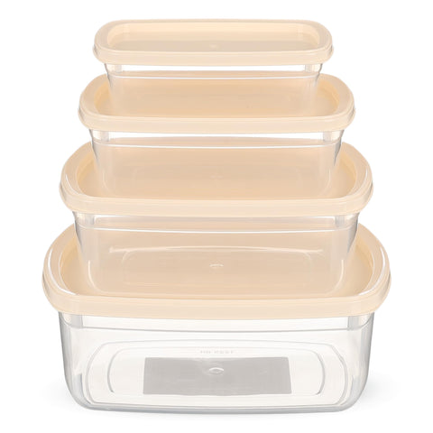 Food Storage Containers with Beige Lids, Clear Plastic, Rectangular, Set of 4