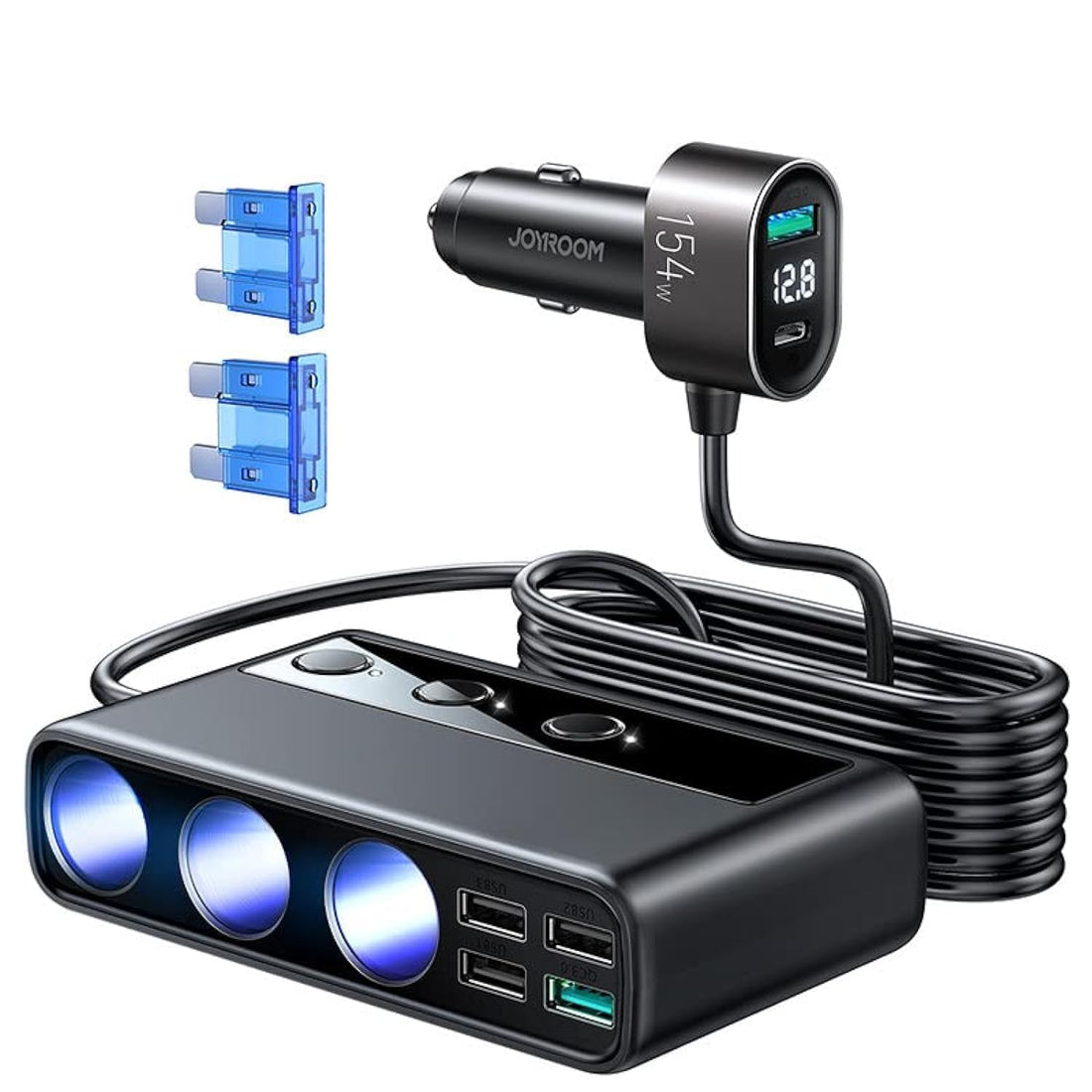 Joyroom JR-Cl06 Car Cigarette Lighter Adapter With Three Sockets Six Ports PD+QC3.0 154W - Black