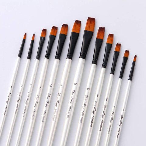 Tensky Flat Head Paintbrush Set Nylon Hair Paint Brush Set for Acrylic Oil Watercolor Painting Artist Professional Painting Kits (12pcs Pearl White Flat Head Brush Set)