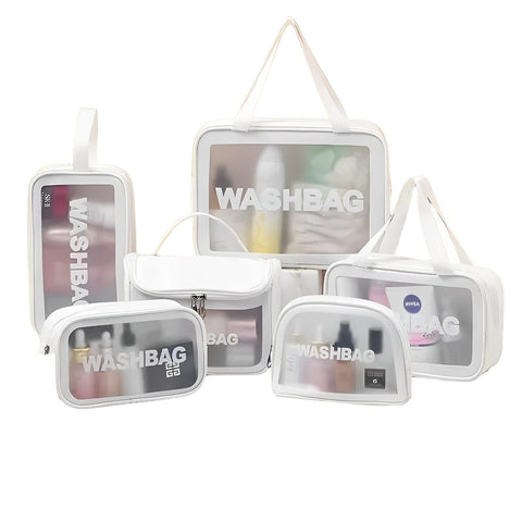 Clear Makeup Bag Transparent Waterproof Toiletry Storage Kit Travel PVC Zipper Pouch Cosmetic Large Capacity Traveling Bath Accessories & Grooming Kits Organizer for Women Men(Set of 6 White)