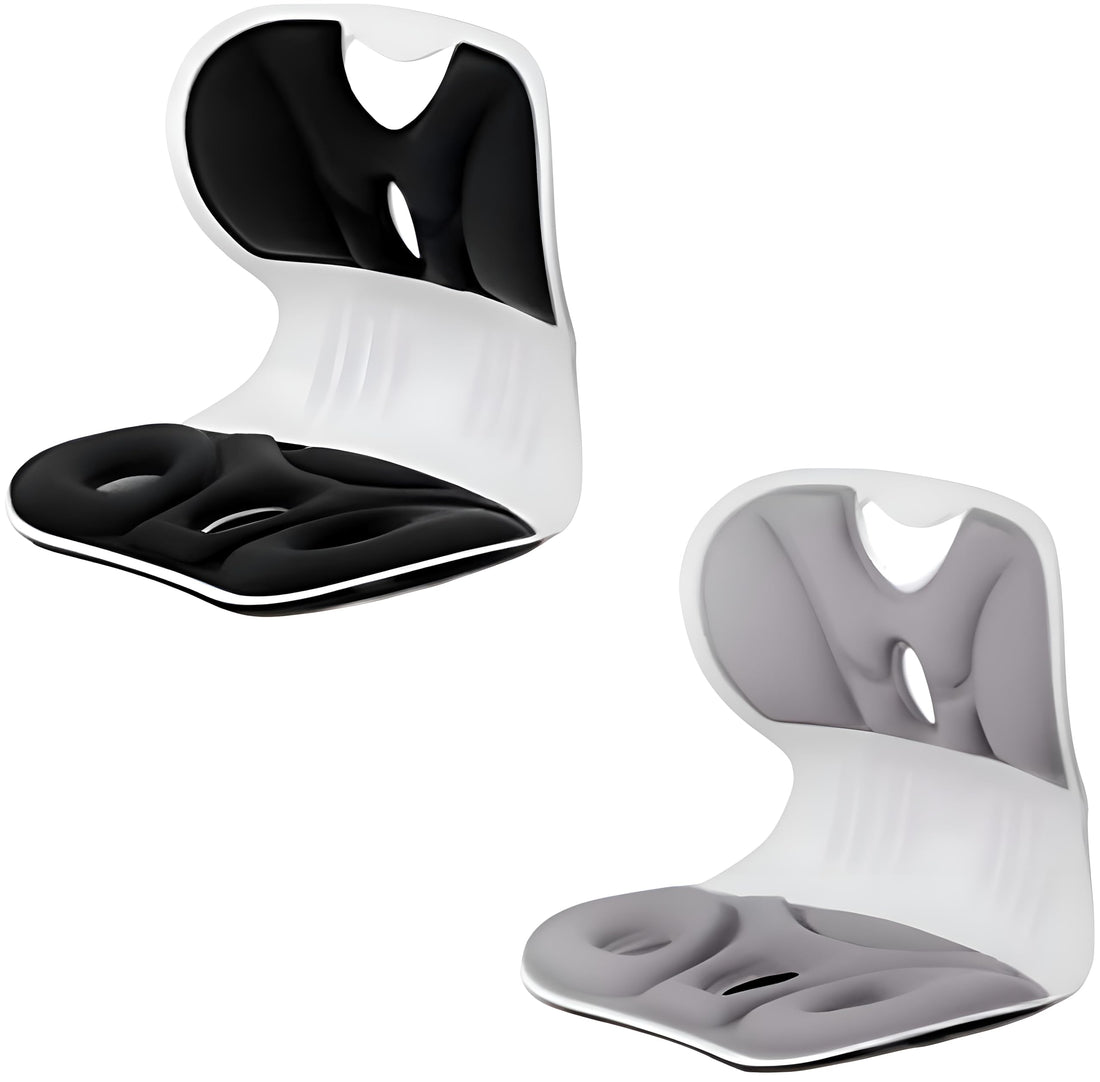 Chair - Ergonomic lumbar support seat with posture correction backrest and small fabric cushion, durable black design for home office car use, comfortable 33cm seat depth with 31cm high back rest.