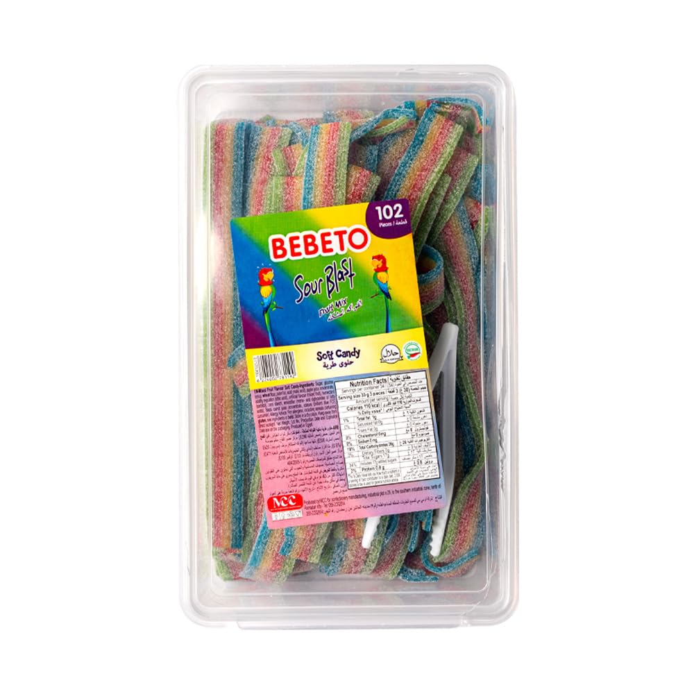 Bebeto Sour Blast Rainbow Fruit Ribbon Candy, Multicolour Sour Strips, Soft Candy, 1kg