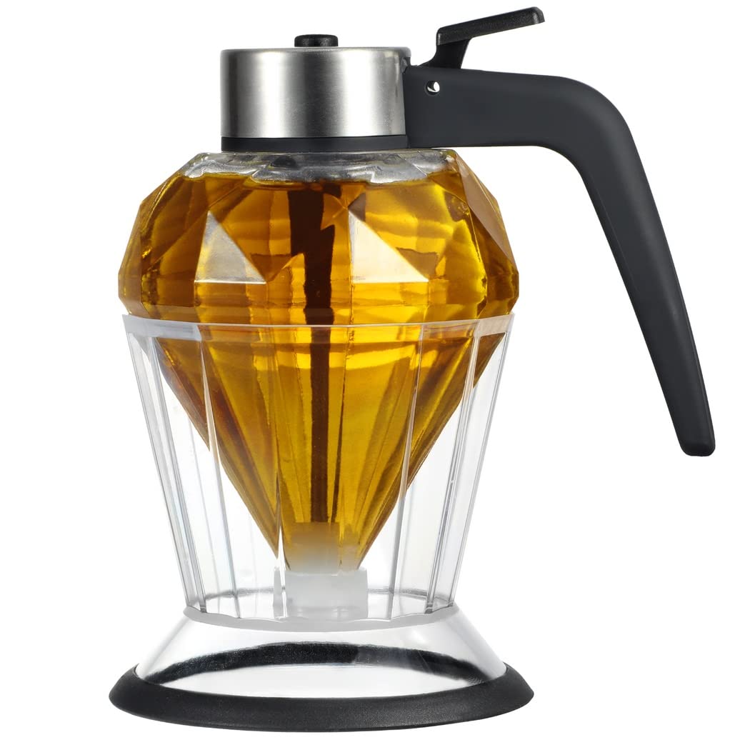 Homaisson Honey Dispenser, Glass Syrup Dispenser for Pancakes, Elegant Diamond Shaped Honey Pot, Honey Jar with Stand Base, No Drip Sauce Dispenser for Edible Oil, Vinegar, Soy sauce