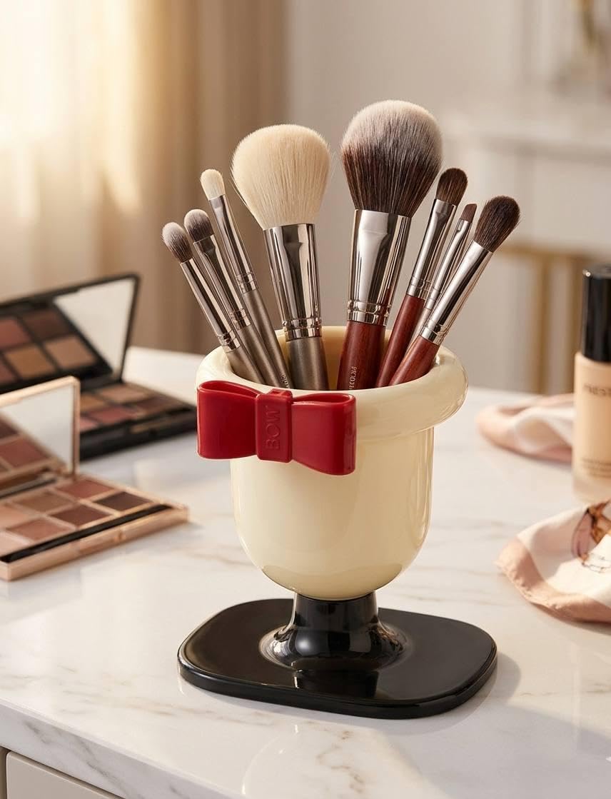 BRUSH ORGANIZER - Chic corner display withcute bow detail, stable base supports brushes, lipstick and eyeliner pens, effectively organizes your beauty collection, adds a modern and tidy touch to your