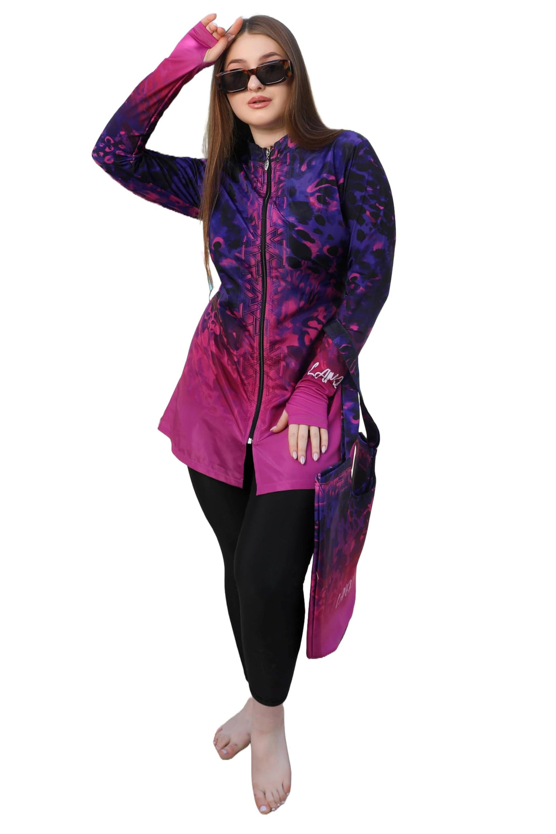 Women Girls Burkini Swimwear 4 Pieces Long Sleeve Top Pants Beach Bag Same Color Turban High Quality Code 25WG04