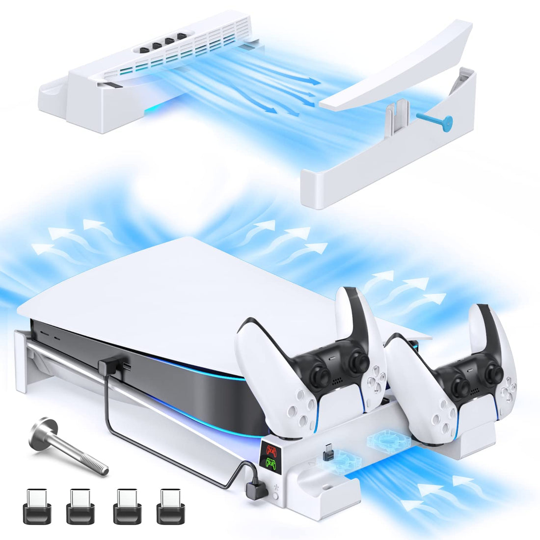 Horizontal Stand for PS5 with 3-Level Cooling Fan and Controller Charger for PS5 Console, Cooling Station with PS5 Charging Station, Stand Horizontal for PS5 Accessories