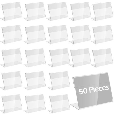 BEST MEDIA Acrylic Label Holders, Set of 50 Mini Vertical Sign Display Stands, 6 x 4.3 cm, for Price Tags, Product Displays, Retail Shops, Supermarkets, Restaurants, Promotions, Clear