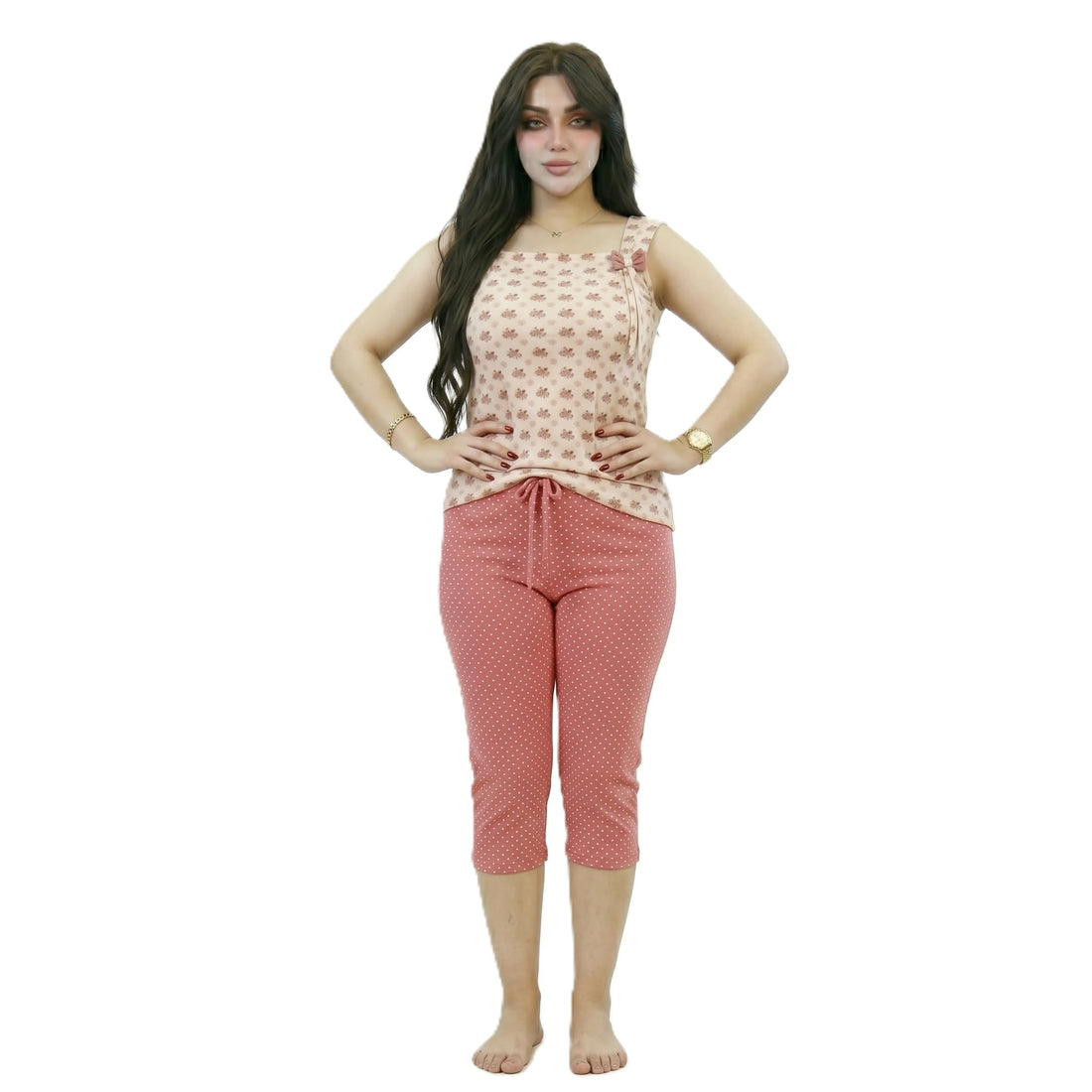 Sondos Homeware Women's Pajama Bermuda "Nutella Model" - Super Soft Pure Lycra Cotton - Set of 2 Pieces (Wide Strap and Bermuda) - Relaxed Fit from 60 to 90 KG - Code 5053