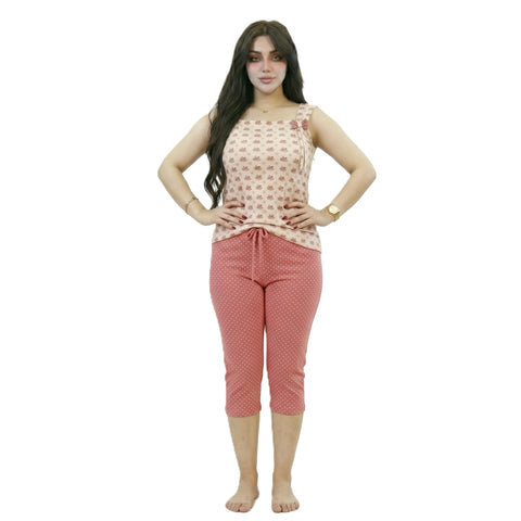 Sondos Homeware Women's Pajama Bermuda "Nutella Model" - Super Soft Pure Lycra Cotton - Set of 2 Pieces (Wide Strap and Bermuda) - Relaxed Fit from 60 to 90 KG - Code 5053