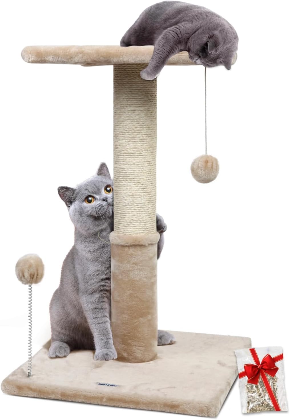 Smart Decor Pets 26" Cat Scratching Post with Platform, Sisal Cat Tree Tower for Indoor Cats, Featuring with Hanging Balls & Cozy Cat Perch, Stable Cat Scratch Posts for Kittens-Beige