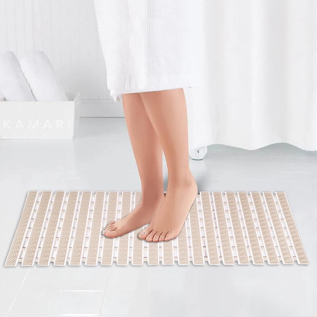 JUGTE PVC Shower Mat Anti Slip Shower Mat, Bathtub Mat with Suction Cups and Drain Holes, Anti-Skid Plastic PVC Rubber mats for Floor mat (Beige)