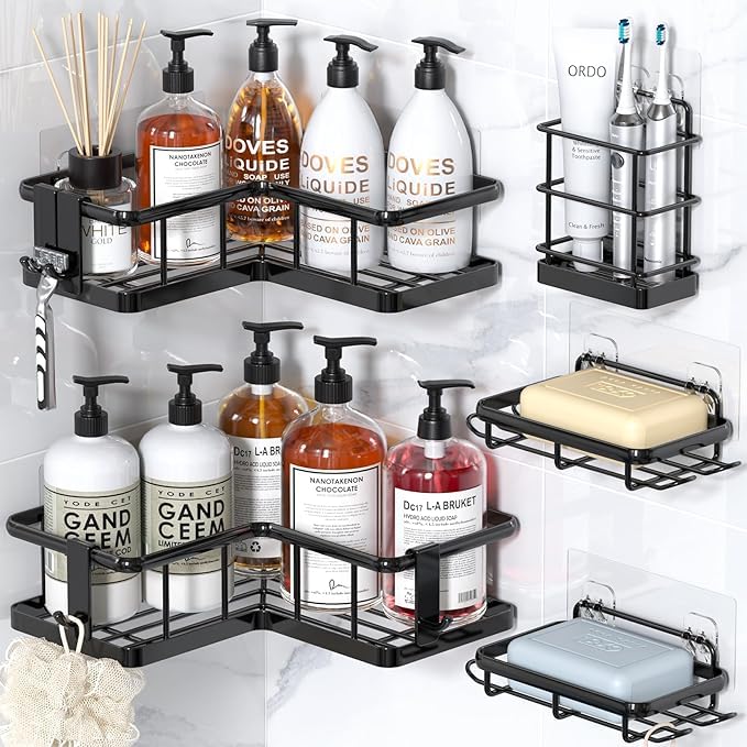 Shower Organizer Corner Shelf Set No Drilling Bathroom Storage Rack Kitchen Wall Holder Soap Dish Brush Rack Adhesive Metal Rack Waterproof Rustproof 5-Piece