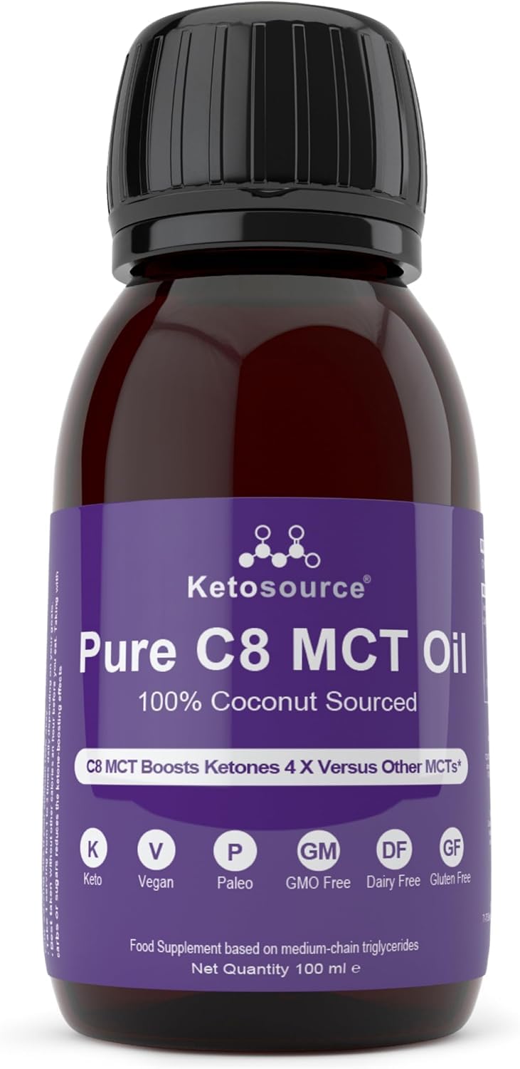 Pure MCT Oil C8 Travel Size | Produces 4x Ketones Compared to Other MCT Oils | Highest Purity of Over 99% | 100% Coconut | Supports Keto & Fasting | Vegan | 100 ml | Ketosource®