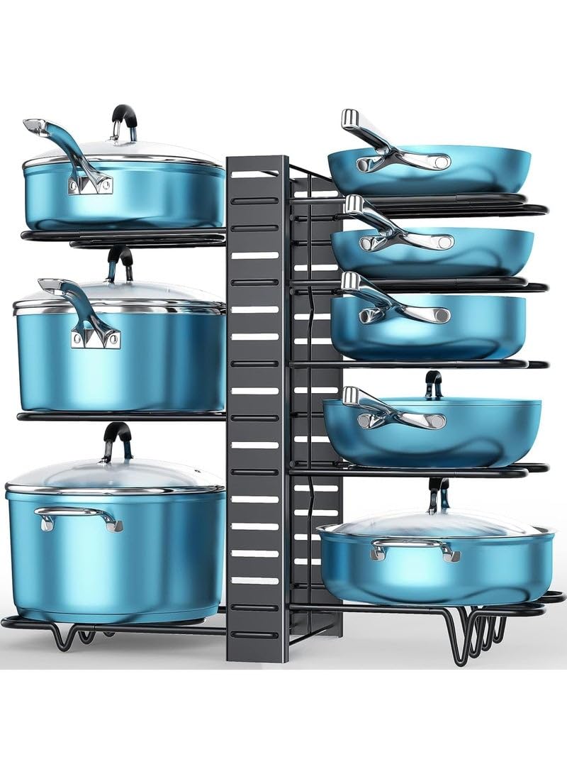 and Pans Organizer â€“ 8-Tier Adjustable Rack with 3 DIY Installation Methods for Cabinet, Kitchen Storage, and Pot Lids