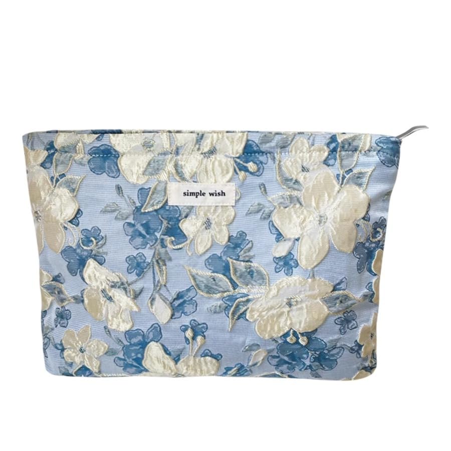 Flower Cosmetic Bags Makeup Bags for Women and Girls,Travel Makeup Bag Large Capacity Canvas Makeup Bag,Makeup Organizer Bag Zipper Pouch, Embossed pink, Large Capacity Aesthetic Makeup Bags (blue)