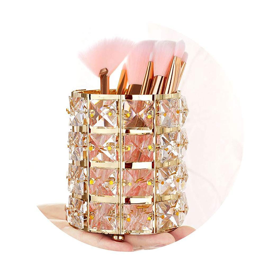 handcrafted crystal makeup brush holder eyebrow pencil pen cup collection cosmetic storage organizer for vanity,bathroom,bedroom,office desk (gold)