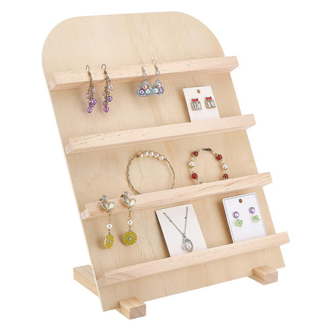 PH PandaHall 4-Tier Wooden Jewellery Display Stand Earring Card Displays Tower Bracelets Stands Rack Craft Fairs Showcase Holder with Slots for Selling Retail Jewellery Showing Exhibition Storage