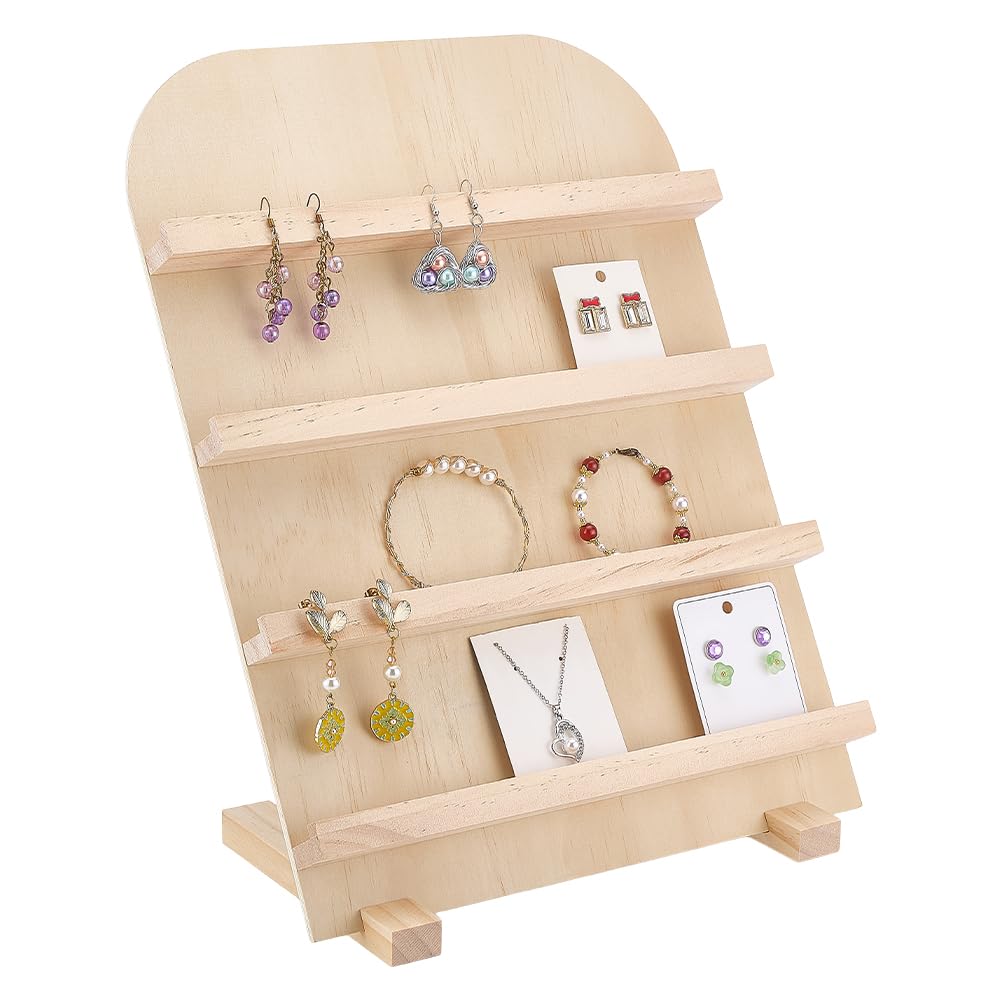 PH PandaHall 4-Tier Wooden Jewellery Display Stand Earring Card Displays Tower Bracelets Stands Rack Craft Fairs Showcase Holder with Slots for Selling Retail Jewellery Showing Exhibition Storage