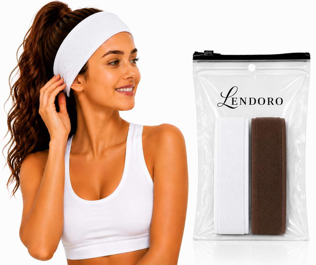 Fashion Wide Headbands, Soft Fabric, 7cm, 2 Pack, Stretchy Hair Bands for Makeup, Yoga, Running, Sports (2, White+Brown)
