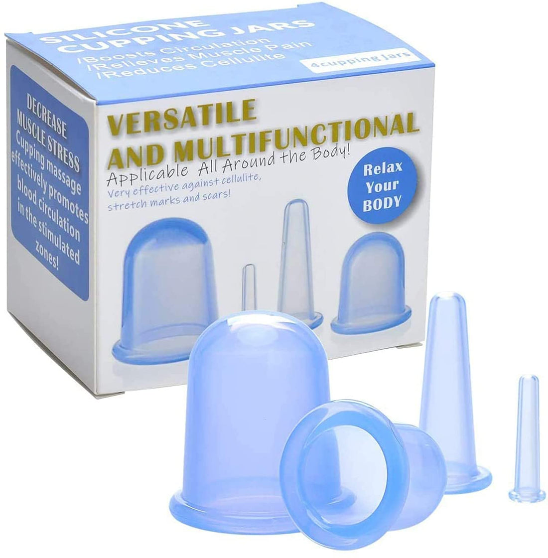 DELFINO Cupping Therapy Sets, 4Pcs Silicone Anti Cellulite Cup Vacuum Suction Massage Cups Facial Cupping Sets Body and Face Massager for Home Use (Blue), for Muscle, Nerve, Joint Pain Relief