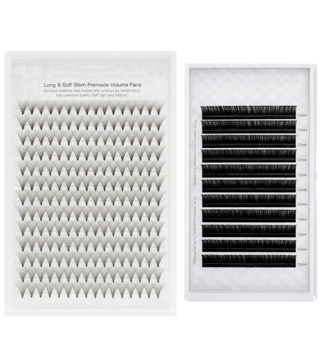 Eyelash Extensions Set Premade Volume Fans 20D 10mm & Individual Classic Lashes 0.07C 12mm Hair by Hair, Soft Lightweight Natural and Full Volume Lash Extensions for Salon and Home Use