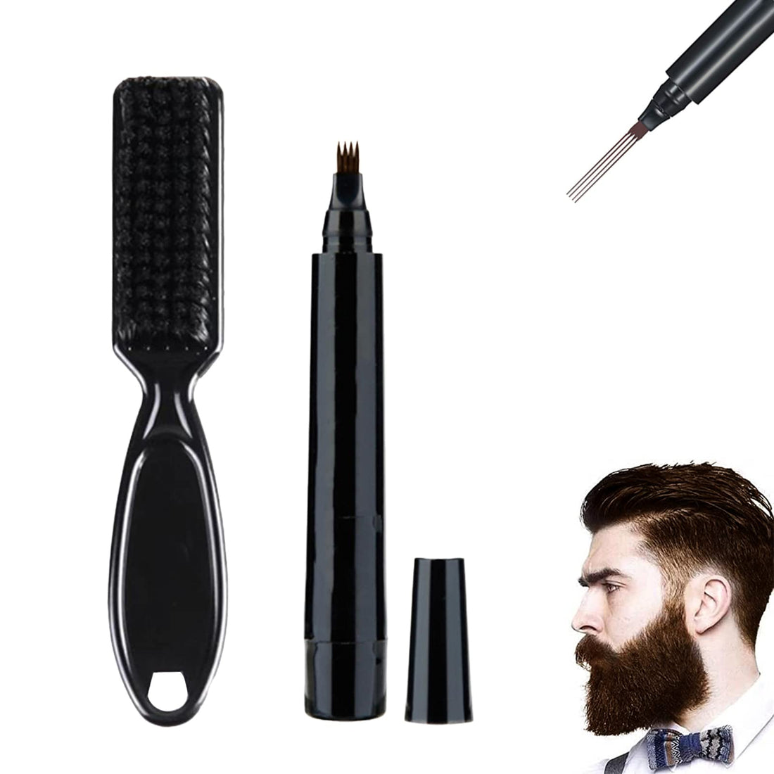 TUKNN Beard Filler Pen Kit - Men's Beard Pencil Filler, Waterproof, Long Lasting - Apply to Moustache and Eyebrows - Dark Brown