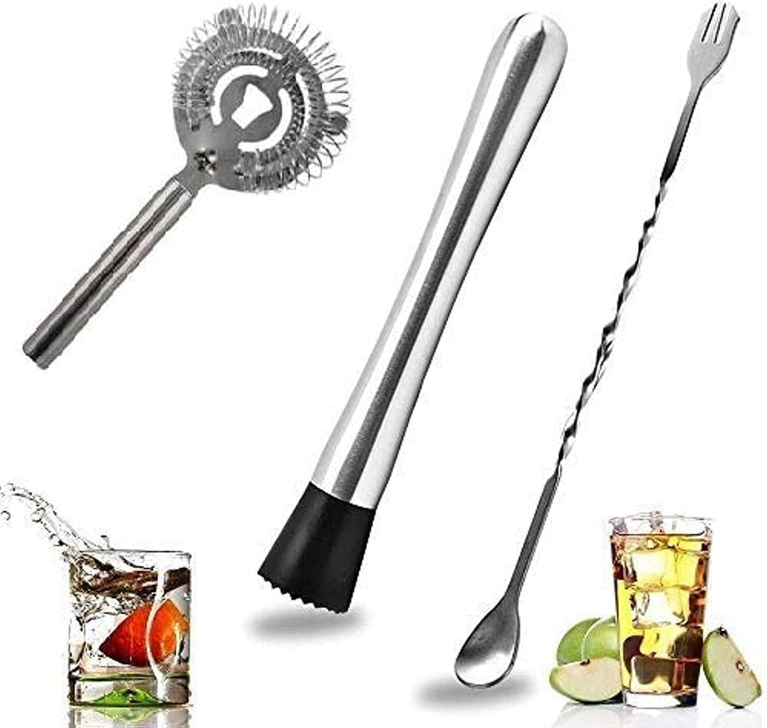 Exports Stainless Steel Cocktail Muddler Set, Spiral Fork Mixing Spoon & Cocktail Bar Strainer, Home Bar Bartender's Muddling Tool Set: 3 Pcs Set