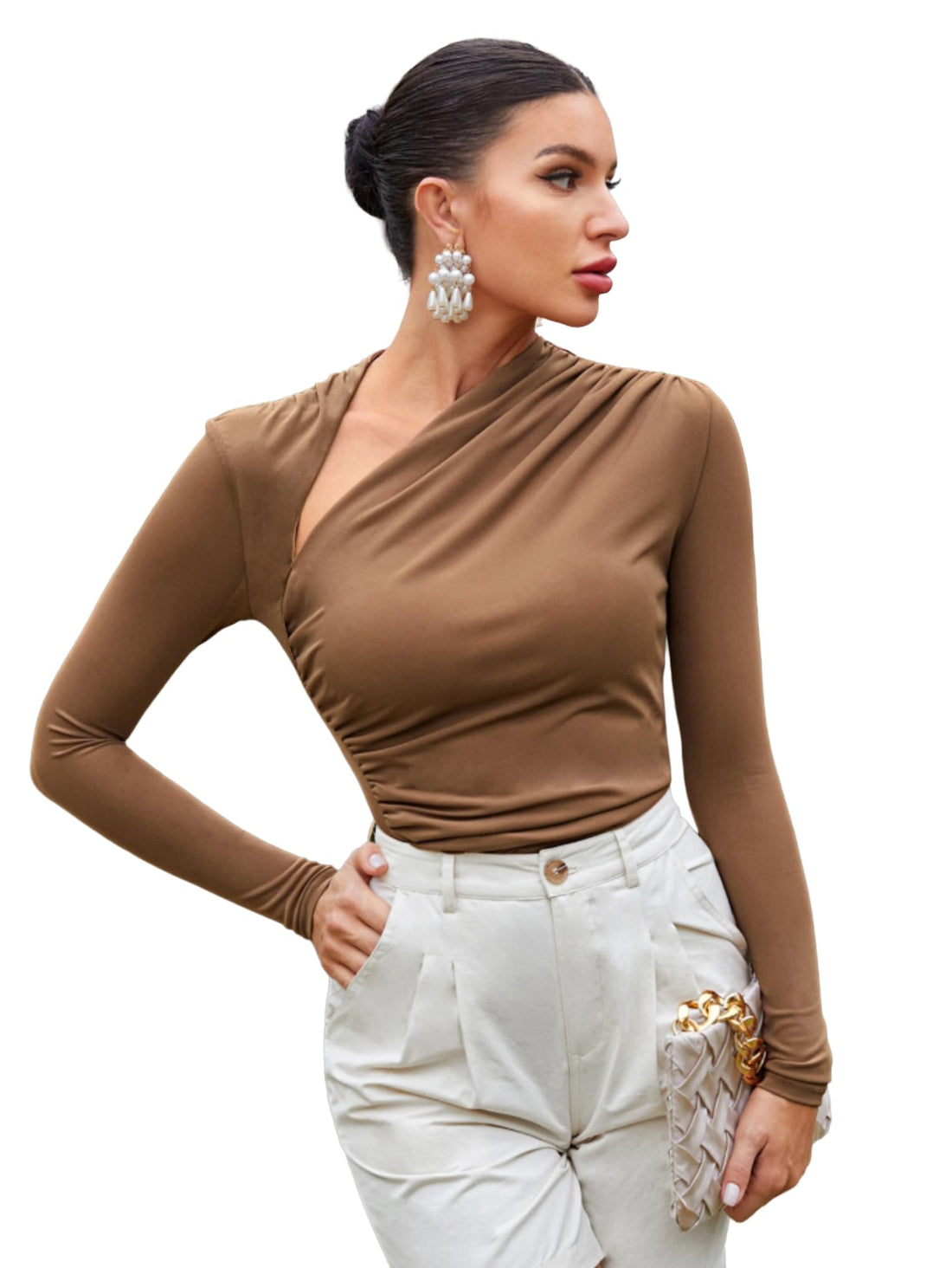 SHEIN Women's Brown Asymmetrical Neck Long Sleeve Blouse - Slim Fit Ruched Mesh Top for Homecoming and Casual Wear
