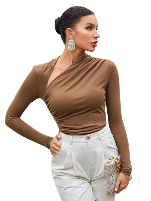 SHEIN Women's Brown Asymmetrical Neck Long Sleeve Blouse - Slim Fit Ruched Mesh Top for Homecoming and Casual Wear