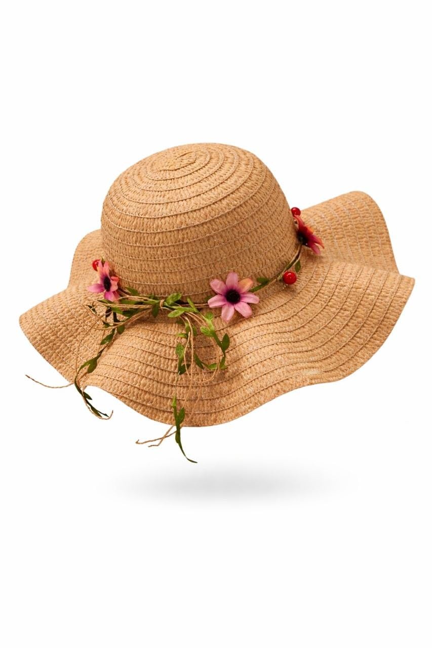 1pc Women's Khaki Wavy Striped Bow Summer Beach Sun Hat, Elegant Sun Protection For Beach Travel And Vacation