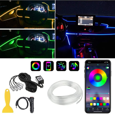 Atmosphere Light Car, 5 in 1 Ambient lighting Car With 6m Fiber Optic,16 Million Colors RGB Car LED Interior Strip Light, Wireless Bluetooth APP Controlled, Brightness adjustment, DC 12V