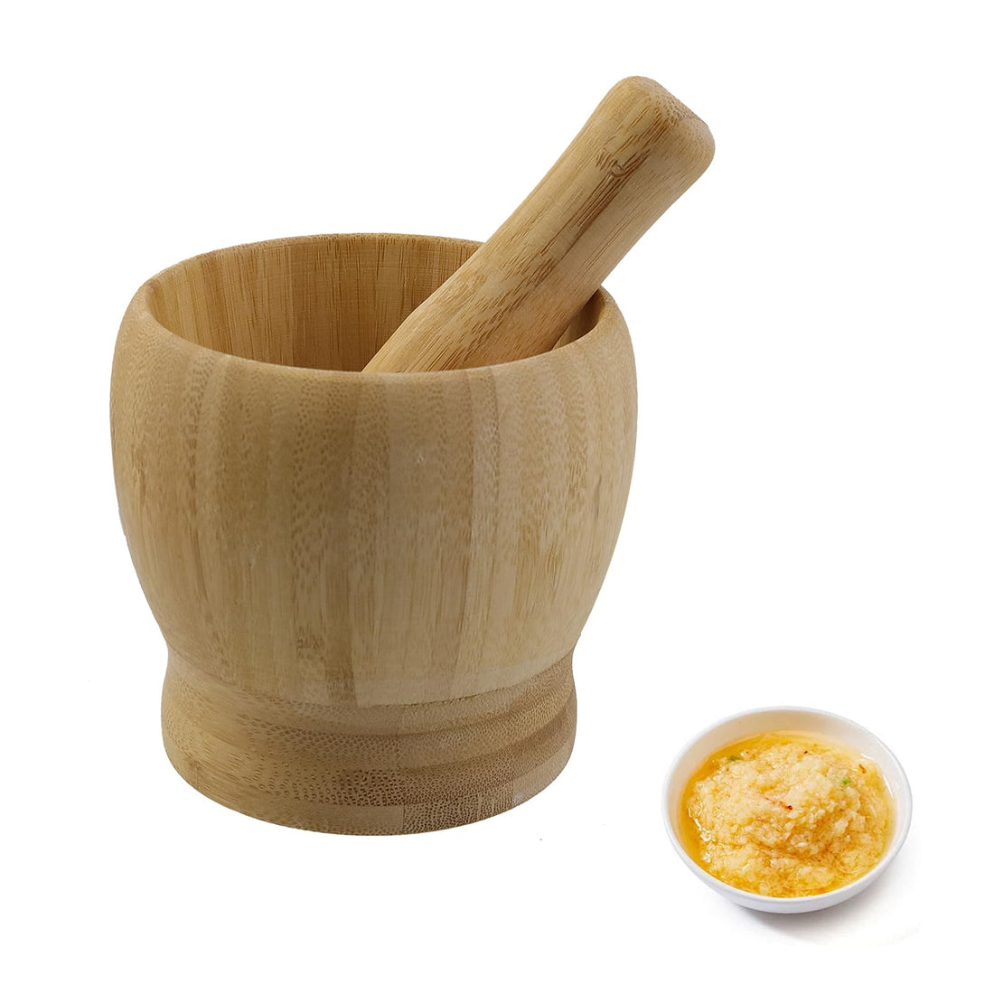 MY MIRONEY Mortar and Pestle Set Bamboo Garlic Press Grinder Kitchen Spices Crusher Bowl for Herb Pepper Mixing, 4.29" x 3.9"