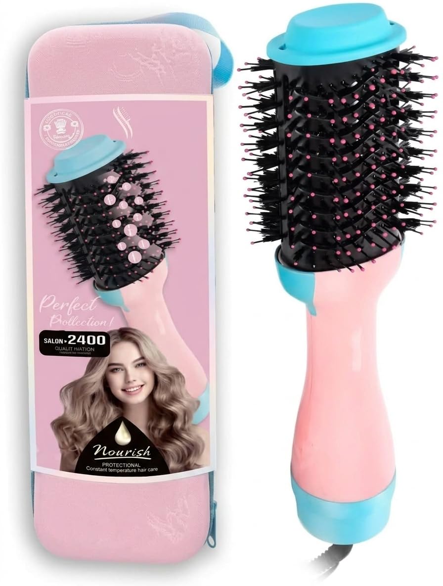 2400W Hair Dryer Brush, with Black Ion Technology,Wide Oval Design 19cm, 3 Heat Settings,360° Airflow, Fast Drying & Styling,Ionic Anti-Frizz Technology.(فرشاه شعر استشوار) (2400W-Blue&Pink)