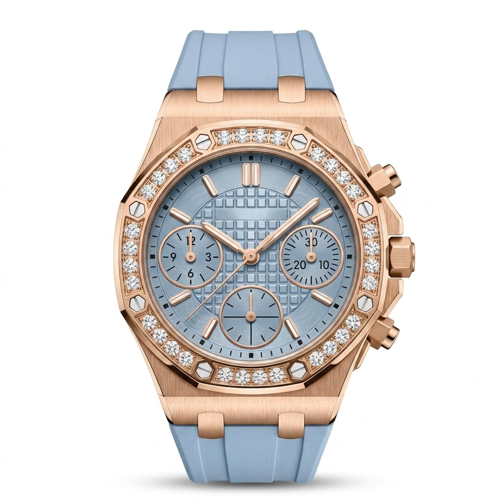 Luxury Women's Chronograph Watch, Rose Gold Case, Crystal Accented Bezel, Silicone Strap, Geometric Dial