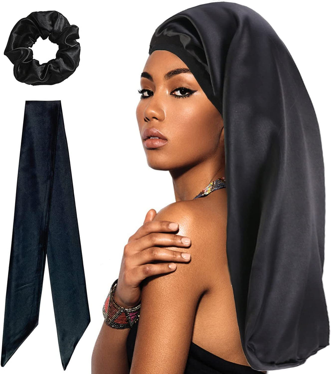 WUBAYI Silk Bonnet Hair Wrap for Sleeping, Satin Sleep Cap with Wide Elastic Band, Soft Hair Sleeping Bonnet Cap for Women and Girls Curly Hair (Black)
