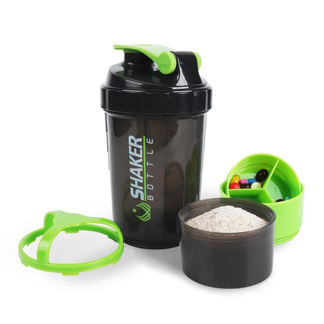 Shaker Bottle,16oz Protein Shaker Bottles with Mixing Ball, 3 in 1 Leak-proof GYM Shake Cup with Powder Storage & Pill Tray, Ideal for Workout,BPA Free（Green）