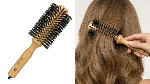 Bristle Round Brush with Wooden Handle, Curling Comb for Blow Drying, Antistatic Wooden Hair Brush for Straightening Curling Volumizing and Detangling-1 PC-18 size