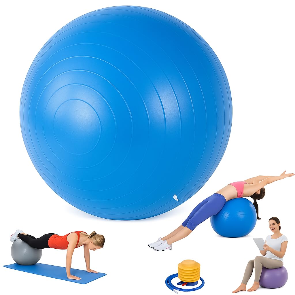 Exercise Ball Yoga Ball Gym Ball Balance Ball – Pilates Swiss Stability Anti-Burst Pregnancy Birthing with Pump for Home Workout & Office Chair (Blue)