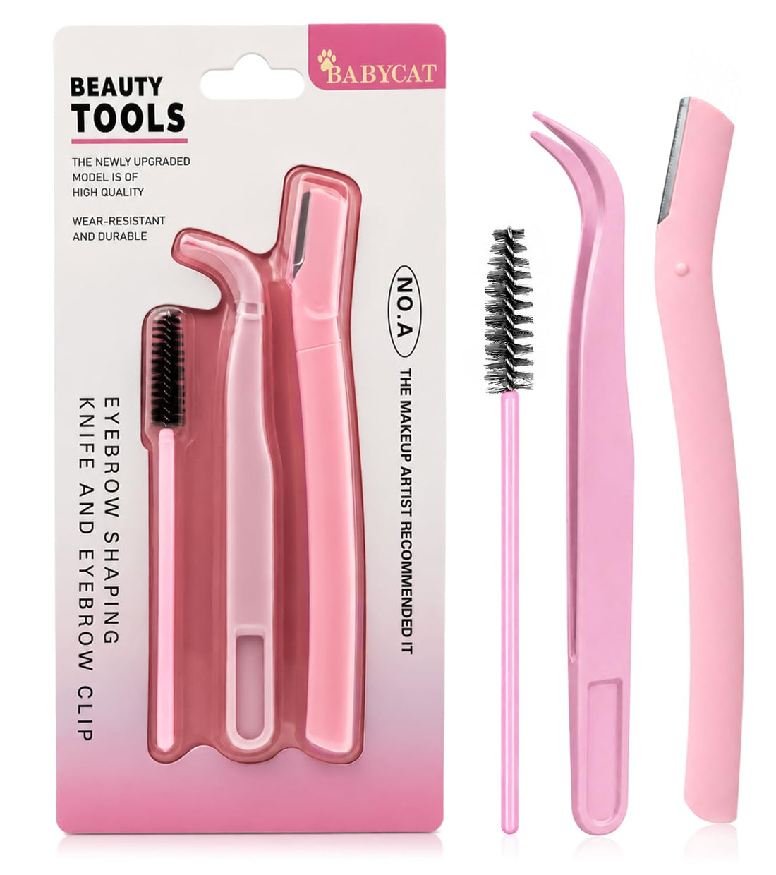 Baby Cat - Beauty Tools Set Of 3 Pcs, Eyebrow Shaping With Precision Facial Razor, Curved Tweezer And Small Mascara Brush For Smooth Brow & Lashes Styling and Daily Beauty Care