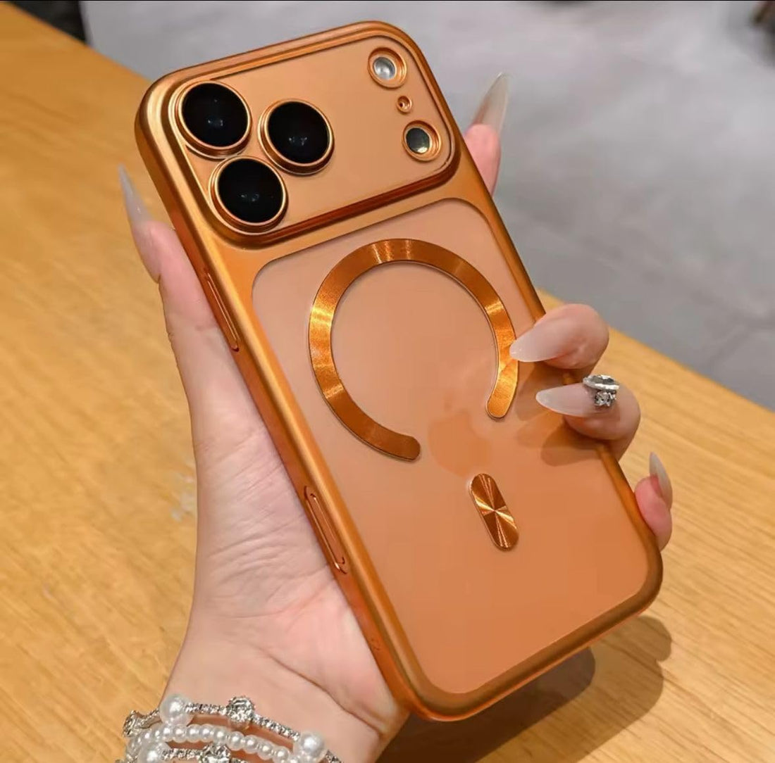 Fekra Luxury Matte Plating compatible With Magsafe Case For iPhone 17 Shockproof Back Cover Lens protector film (Orange, iPhone 17)