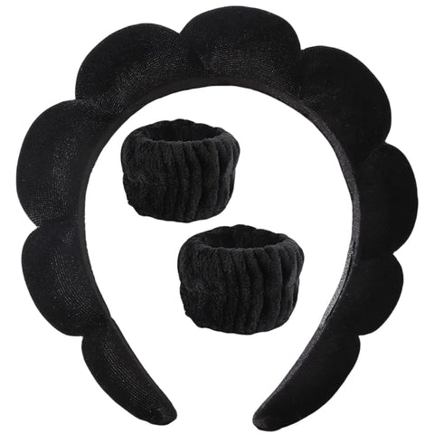 Spa Headbands for Women-Headband for Washing Face, Makeup, Skincare, Shower, Hair Accessories -Sponge & Velvet fabric Headband (Black)